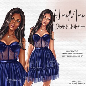 May include: Digital illustration of a woman wearing a blue, sheer, and ruffled dress. The dress has a sweetheart neckline and a fitted bodice. The woman has long, dark hair and is wearing earrings and a necklace.