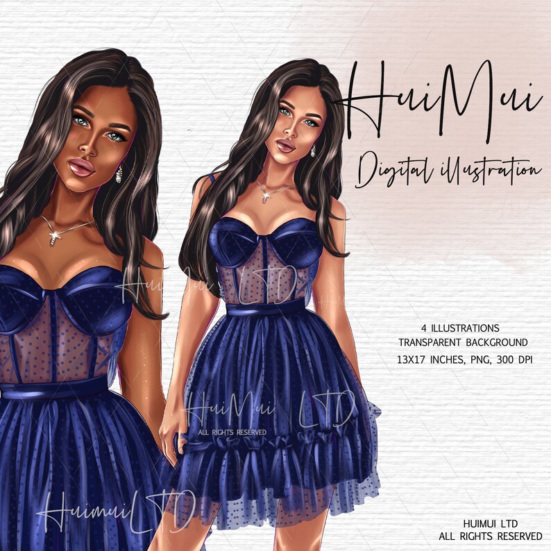 May include: Digital illustration of a woman wearing a blue, sheer, and ruffled dress. The dress has a sweetheart neckline and a fitted bodice. The woman has long, dark hair and is wearing earrings and a necklace.