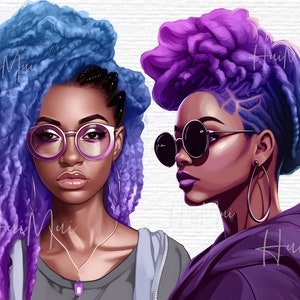 May include: Two women with colorful hair, one with blue and purple hair and the other with purple and blue hair, wearing sunglasses and hoop earrings.