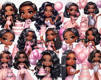 Chibi Birthday Girl clipart Torta di compleanno clipart Download digitale della festa di compleanno Bere Cocktail PNG Chibi Party Girls Sisters Night Out