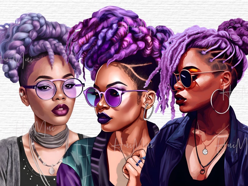 May include: Three women with purple and blue braided hairstyles, wearing sunglasses and necklaces. The women are wearing different outfits, including a black leather jacket, a plaid shirt, and a grey sweater.