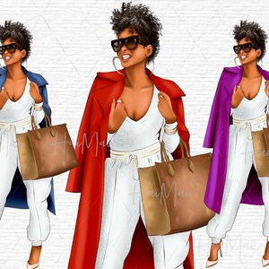 May include: Three illustrations of a woman wearing a white outfit, white pants, and a white top. Each woman is wearing a different colored coat: blue, red, and purple. Each woman is carrying a brown handbag.