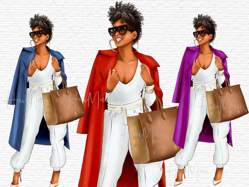 May include: Three illustrations of a woman wearing a white outfit, white pants, and a white top. Each woman is wearing a different colored coat: blue, red, and purple. Each woman is carrying a brown handbag.