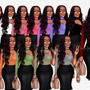 Peut inclure: Illustration num&eacute;rique de 12 femmes aux longs cheveux noirs portant des hauts de diff&eacute;rentes couleurs avec un design d&eacute;coup&eacute; et des jupes noires. Les femmes sourient toutes et regardent la cam&eacute;ra.