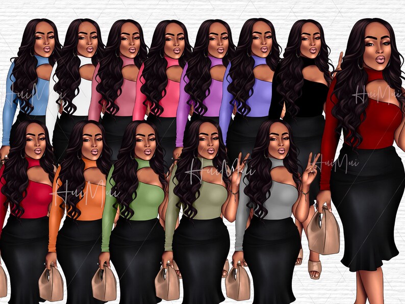 Peut inclure: Illustration num&eacute;rique de 12 femmes aux longs cheveux noirs portant des hauts de diff&eacute;rentes couleurs avec un design d&eacute;coup&eacute; et des jupes noires. Les femmes sourient toutes et regardent la cam&eacute;ra.