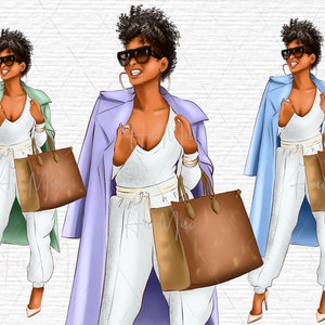 May include: Three illustrations of a woman wearing a white outfit, sunglasses, and a long coat. The coats are different colors: green, purple, and blue. Each woman is carrying a brown handbag.