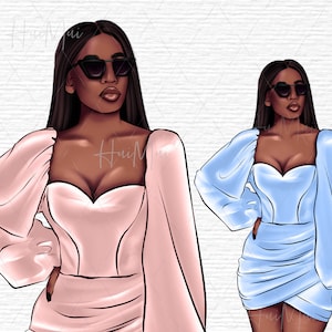 Czarna skóra dama clipart moda afroamerykańska kobieta licencja komercyjna Czarna kobieta portret cyfrowy afrykańska dziewczyna png naklejki cyfrowe