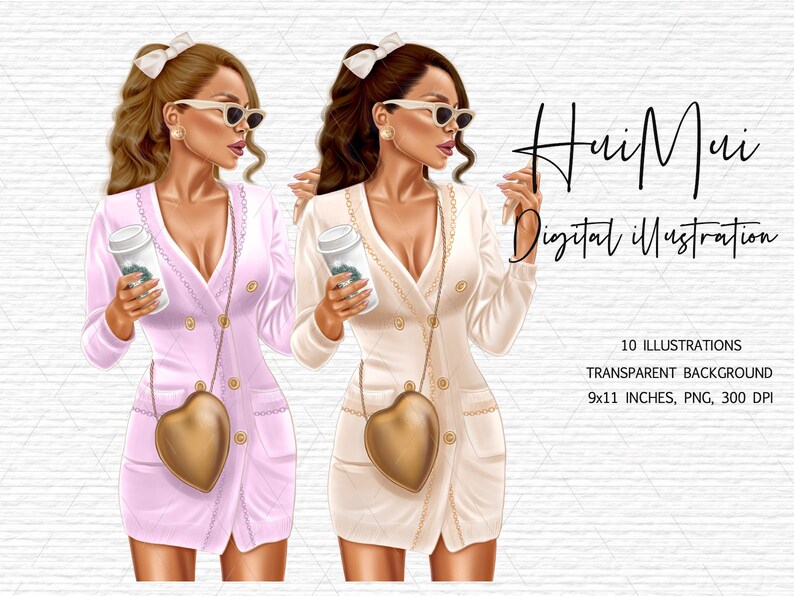 Pode incluir: Duas ilustra&ccedil;&otilde;es digitais de mulheres vestindo blazers e segurando x&iacute;caras de caf&eacute;. A mulher &agrave; esquerda est&aacute; vestindo um blazer rosa e a mulher &agrave; direita est&aacute; vestindo um blazer creme. Ambas as mulheres est&atilde;o usando bolsas em forma de cora&ccedil;&atilde;o.