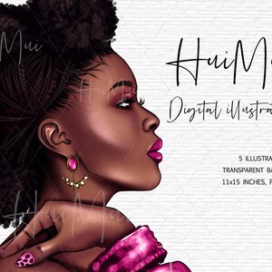 May include: Digital illustration of a woman with dark brown skin, wearing pink lipstick and large pink earrings. She has a large afro hairstyle with black braids. The background is a white woodgrain texture. The text "Hui Mui Digital illustration" is at the top of the image.