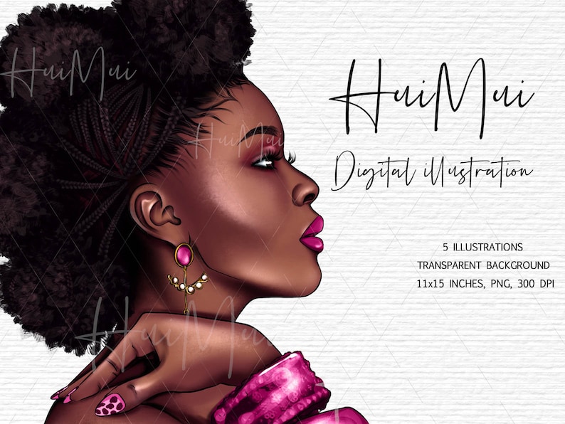 May include: Digital illustration of a woman with dark brown skin, wearing pink lipstick and large pink earrings. She has a large afro hairstyle with black braids. The background is a white woodgrain texture. The text "Hui Mui Digital illustration" is at the top of the image.