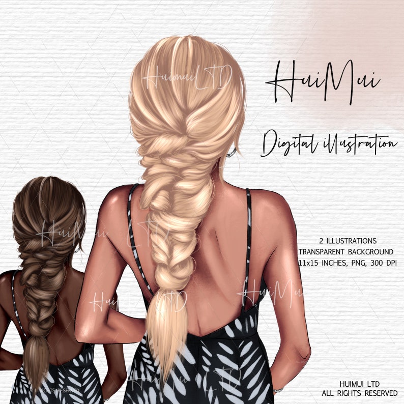 May include: Digital illustration of two women with long braids wearing black and white patterned dresses. The women are facing away from the viewer. The background is a white textured surface. The text "HuiMui Digital Illustration" is at the top of the image.
