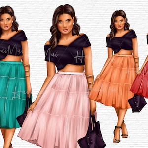 Fashion illustration prints for planner, Spring Summer Fall Girl Clipart, Cute Brunette Girl, woman with evening dress png download