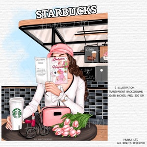 K&ouml;nnte beinhalten: Eine digitale Illustration einer Frau, die in einem Starbucks-Caf&eacute; sitzt und ein Buch mit dem Titel "Bookstore of Happiness" liest. Sie tr&auml;gt einen rosa Hut, ein wei&szlig;es Hemd und eine Uhr. Sie hat eine rosa Handtasche und einen Strau&szlig; rosa Tulpen auf dem Tisch vor sich. Auf dem Tisch stehen eine Tasse Kaffee und eine Brille.