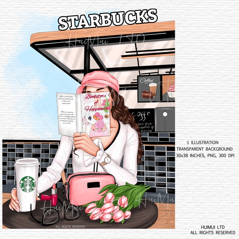 K&ouml;nnte beinhalten: Eine digitale Illustration einer Frau, die in einem Starbucks-Caf&eacute; sitzt und ein Buch mit dem Titel "Bookstore of Happiness" liest. Sie tr&auml;gt einen rosa Hut, ein wei&szlig;es Hemd und eine Uhr. Sie hat eine rosa Handtasche und einen Strau&szlig; rosa Tulpen auf dem Tisch vor sich. Auf dem Tisch stehen eine Tasse Kaffee und eine Brille.