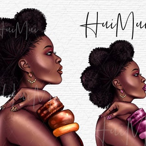 May include: Two digital illustrations of a woman with dark brown skin, wearing large gold and pink bangles. Both women have dark brown hair styled in a high bun with braids. The woman on the left is wearing gold earrings, and the woman on the right is wearing pink earrings.