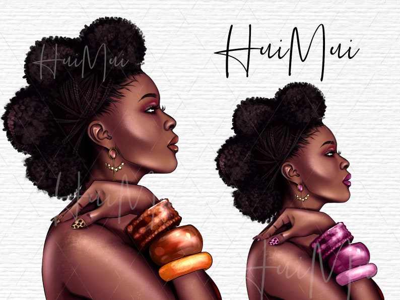 May include: Two digital illustrations of a woman with dark brown skin, wearing large gold and pink bangles. Both women have dark brown hair styled in a high bun with braids. The woman on the left is wearing gold earrings, and the woman on the right is wearing pink earrings.
