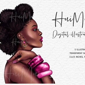 May include: Digital illustration of a woman with a large afro hairstyle wearing pink bracelets and earrings. The background is white with the text "HuiMui Digital illustration" and information about the product.