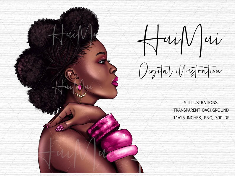 May include: Digital illustration of a woman with a large afro hairstyle wearing pink bracelets and earrings. The background is white with the text "HuiMui Digital illustration" and information about the product.