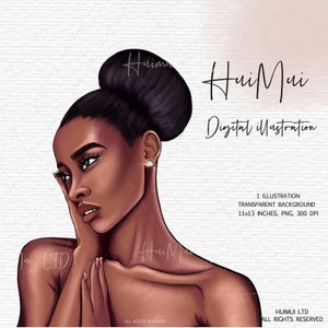 May include: Digital illustration of a woman with dark brown skin and dark hair styled in a bun. She is wearing a small earring in her left ear. The background is a light pink gradient.
