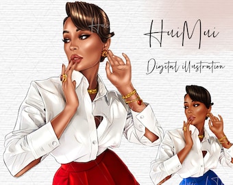 May include: Digital illustration of a woman with brown hair wearing a white shirt, red skirt, and gold jewelry. The illustration is titled "HuiMui Digital Illustration".