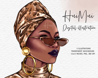 Woman With Leopard Print Clipart, Fashion illustration, Fashion clipart, Fashion girl clipart, African American Woman clipart