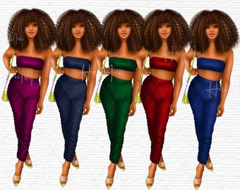 School girl clipart, College clipart, Student girl clipart, Fashion girl clipart, Denim girl clipart, African American girls with curly hair