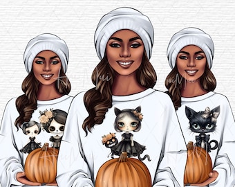 ClipArt carina del personaggio di una ragazza di Halloween Clipart di una ragazza strega afro-americana Ragazza nera con zucca in costume di Halloween Halloween spettrale