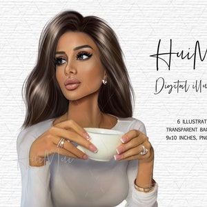 May include: Digital illustration of a woman with long brown hair, wearing a white sweater, holding a white coffee cup. The background is a white brick wall.