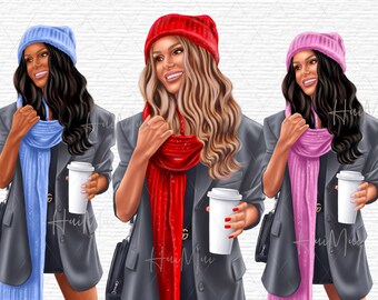Imágenes prediseñadas de invierno, Ilustración en acuarela, Linda chica de Navidad, Nieve Nevando, Niña de vacaciones, Imágenes prediseñadas de Chrsitmas, Niña con té de café
