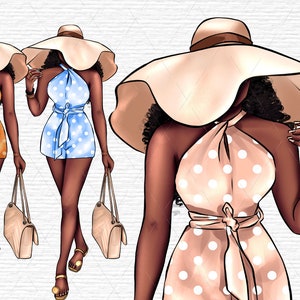 Summer clipart black woman clip art black girl beach clip art Fashion woman in swim suit art woman in floppy hat clipart afro women beach