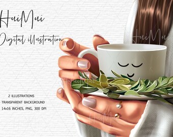 Girl with coffee clipart, Cute Planner Clipart, Girl holding coffee clipart PNG images, Fashion girl clipart, brunette planner girl clipart