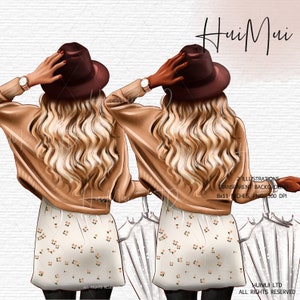May include: Two women wearing brown hats and tan sweaters with floral skirts and black tights. The women are standing back to back with their arms around each other.