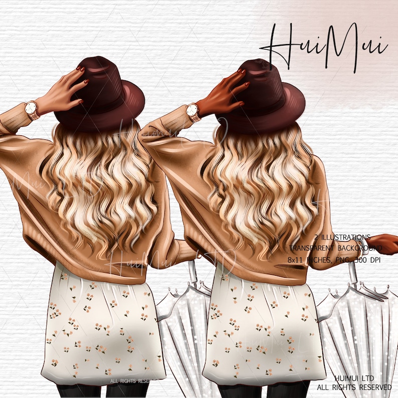 May include: Two women wearing brown hats and tan sweaters with floral skirts and black tights. The women are standing back to back with their arms around each other.