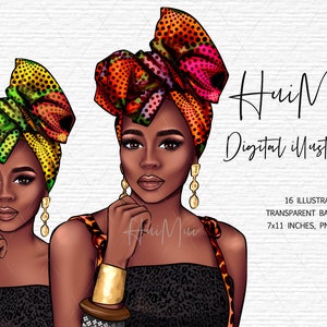 May include: Two digital illustrations of a woman with dark skin wearing a colorful head wrap and a black top with a leopard print design. The woman is wearing gold earrings and bracelets. The background is white.