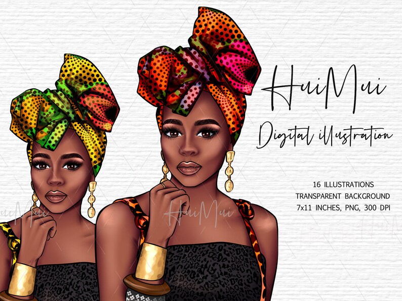 May include: Two digital illustrations of a woman with dark skin wearing a colorful head wrap and a black top with a leopard print design. The woman is wearing gold earrings and bracelets. The background is white.