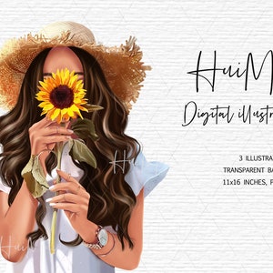Pu&ograve; includere: Un'illustrazione digitale di una donna con lunghi capelli castani che indossa un cappello di paglia e una camicia bianca. Sta tenendo un girasole davanti al viso. Lo sfondo &egrave; una superficie bianca testurizzata. Il testo "HuiMui Digital Illustration" &egrave; scritto in nero nella parte superiore dell'immagine.