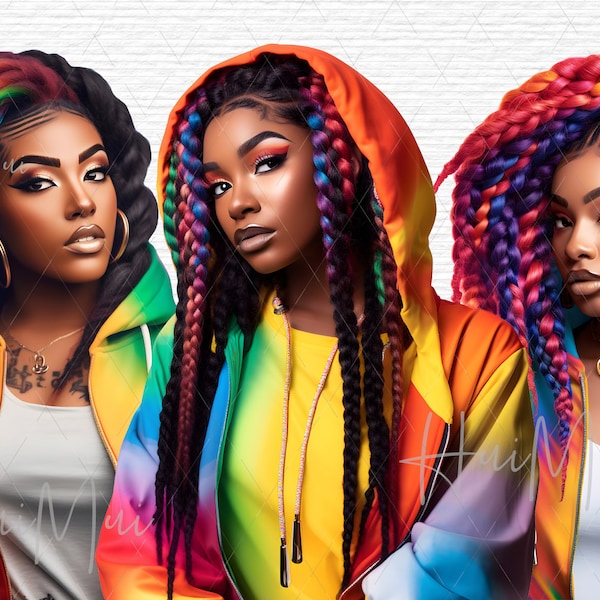 Cinematic Brown Skin Woman Clipart, Colorful Braided Hair, Crop Top Hoodie and Vibrant Jacket t-shirt sublimation mugs joiurnals stickers