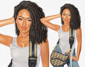 Capelli ricci donna clipart, Pelle scura donna PNG, Melanina Popping Black Girl Magic, Afroamericano, download digitale, arte, moda clipart