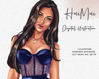 Schöne Frau Clipart, Fashion Girl blaues Kleid, Fashion Illustration, Designer Outfit, Modische digitale Zeichnung, Planerbedarf