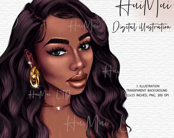 May include: Digital illustration of a woman with long, dark brown hair, wearing gold hoop earrings and a gold necklace. Her eyes are green and she has a warm, brown complexion.