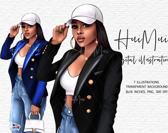 May include: Two digital illustrations of a woman wearing a white baseball cap, a white top, blue jeans, and a blazer. One blazer is blue and the other is black. Both women are wearing gold hoop earrings. The text "Hui Mui Digital Illustration" is at the top of the image.