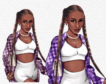 School girl clipart, College clipart, Student girl clipart, Fashion girl clipart, Denim girl clipart, African American girls with braids