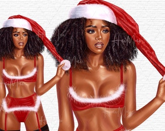 Black Christmas girl Clip Art Natale moda ragazza clip art Afroamericano Natale acquerello illsutation Natale vacanza clip art
