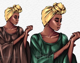 African American Girl Mode Clipart, Black Girl Queen Clipart, Schwarzes Mädchen im Boho Kleid, Schwarze Frau Clipart PNG