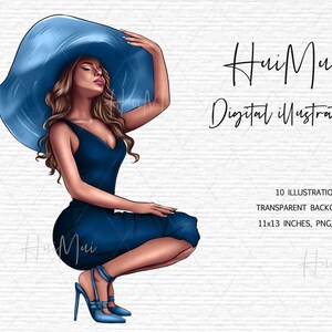 May include: Digital illustration of a woman in a blue dress and hat, with text that reads "Hui Mui Digital illustration". The image also includes the text "10 illustrations, transparent background, 11x13 inches, PNG, 300 DPI".