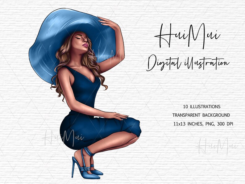 May include: Digital illustration of a woman in a blue dress and hat, with text that reads "Hui Mui Digital illustration". The image also includes the text "10 illustrations, transparent background, 11x13 inches, PNG, 300 DPI".