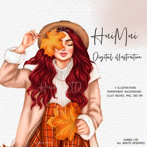K&ouml;nnte beinhalten: Eine digitale Illustration einer Frau mit langen roten Haaren, die einen beigefarbenen Mantel, einen wei&szlig;en Pullover und einen rot-schwarzen karierten Rock tr&auml;gt. Sie h&auml;lt in jeder Hand ein gro&szlig;es orangefarbenes Blatt. Der Hintergrund ist eine hellrosa und wei&szlig;e strukturierte Oberfl&auml;che. Der Text "HuiMui Digital illustration" befindet sich oben im Bild.