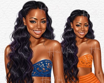 Smiling Black Woman Clipart Commercial Use Cute Hand Drawn Sticker Graphics Fashion Girl Clipart Beach Sun Ocean Tropical Summer Girl PNG