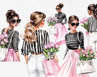 Ragazza alla moda con tulipani, elegante clipart digitale, primavera, illustrazione digitale, opera d'arte floreale rosa, donne eleganti ad acquerello, progetto artistico