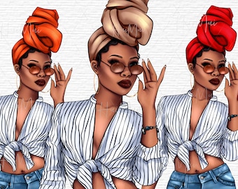 May include: Three illustrations of a person with brown skin wearing a striped blue and white shirt, blue jeans, and sunglasses. Each person is wearing a different colored head wrap: orange, beige, and red.